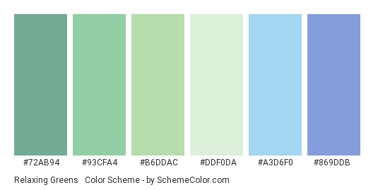 Relaxing Greens & Blues - Color scheme palette thumbnail - #72AB94 #93CFA4 #B6DDAC #DDF0DA #A3D6F0 #869DDB 