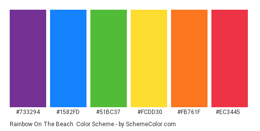 Rainbow on the Beach - Color scheme palette thumbnail - #733294 #1582fd #51bc37 #fcdd30 #fb761f #ec3445 
