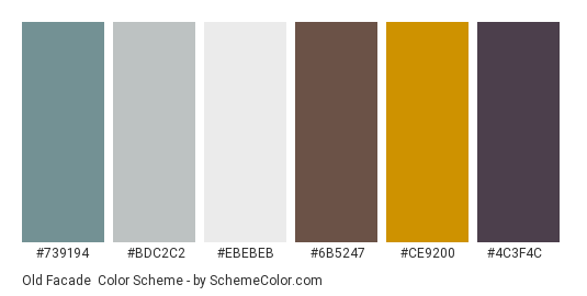 Old Facade - Color scheme palette thumbnail - #739194 #bdc2c2 #ebebeb #6b5247 #ce9200 #4c3f4c 
