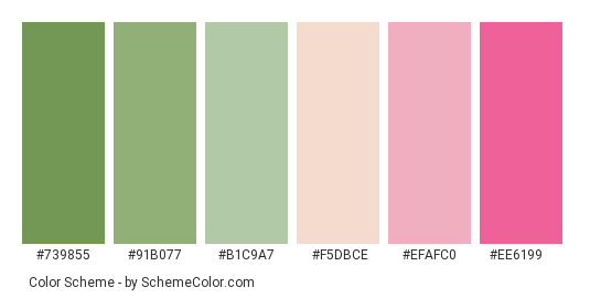 Spring Pink Rose Flower - Color scheme palette thumbnail - #739855 #91b077 #b1c9a7 #f5dbce #efafc0 #ee6199 