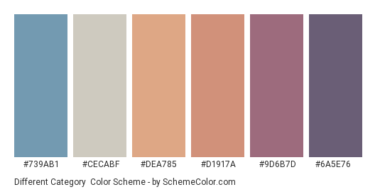 Different Category - Color scheme palette thumbnail - #739ab1 #cecabf #dea785 #d1917a #9d6b7d #6a5e76 