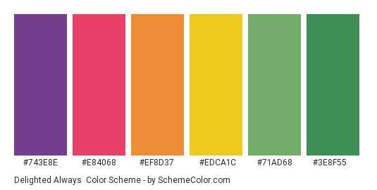 Delighted Always - Color scheme palette thumbnail - #743E8E #E84068 #EF8D37 #EDCA1C #71AD68 #3E8F55 