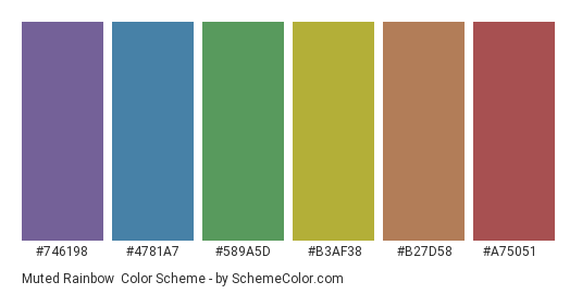 Muted Rainbow - Color scheme palette thumbnail - #746198 #4781a7 #589a5d #b3af38 #b27d58 #a75051 