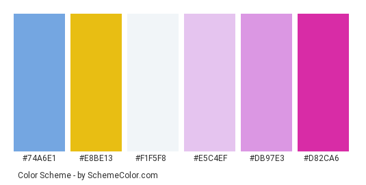 Soft Spring Flowers - Color scheme palette thumbnail - #74a6e1 #e8be13 #f1f5f8 #e5c4ef #db97e3 #d82ca6 