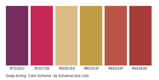 Deep Acting - Color scheme palette thumbnail - #752d62 #c8275b #ddbc84 #be9c3f #bb5347 #a83b38 
