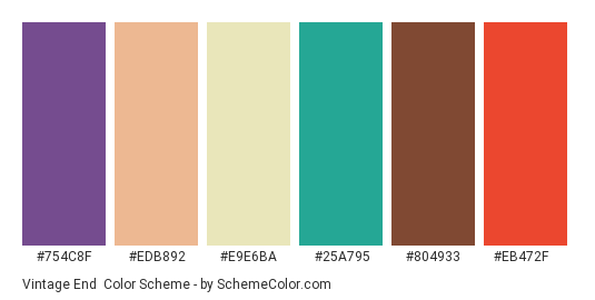 Vintage End - Color scheme palette thumbnail - #754C8F #EDB892 #E9E6BA #25A795 #804933 #EB472F 