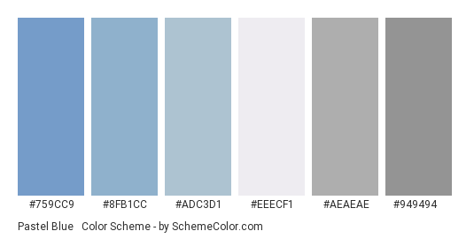 Pastel Blue & Grey - Color scheme palette thumbnail - #759cc9 #8fb1cc #adc3d1 #eeecf1 #aeaeae #949494 