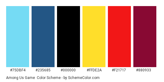 Among Us Game - Color scheme palette thumbnail - #75DBF4 #235685 #000000 #FFDE2A #F21717 #880933 