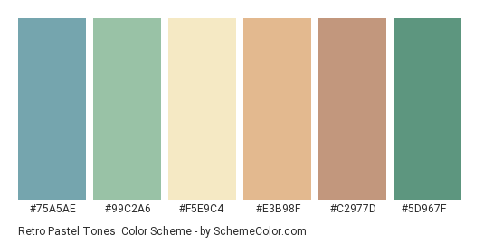 Retro Pastel Tones - Color scheme palette thumbnail - #75a5ae #99c2a6 #f5e9c4 #e3b98f #c2977d #5d967f 