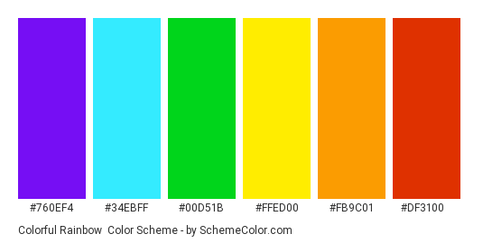 Colorful Rainbow - Color scheme palette thumbnail - #760ef4 #34ebff #00d51b #ffed00 #fb9c01 #df3100 