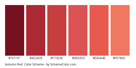 Autumn Red - Color scheme palette thumbnail - #76111F #AD2835 #C73E3E #DB5353 #E85A4E #F07860 