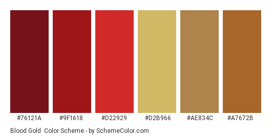 Blood Gold - Color scheme palette thumbnail - #76121A #9F1618 #D22929 #D2B966 #AE834C #A7672B 