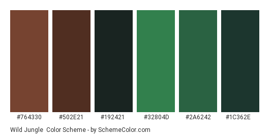 Wild Jungle - Color scheme palette thumbnail - #764330 #502E21 #192421 #32804D #2a6242 #1c362e 