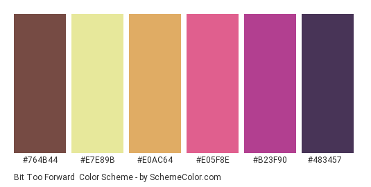 Bit Too Forward - Color scheme palette thumbnail - #764B44 #E7E89B #E0AC64 #E05F8E #B23F90 #483457 