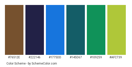 Peacock Feather Closeup - Color scheme palette thumbnail - #76512e #222146 #1775dd #145d67 #109259 #afc739 