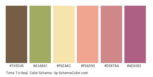 Time to Heal - Color scheme palette thumbnail - #765d45 #a1ab61 #f6e4ac #f0a590 #d0878a #ae6082 