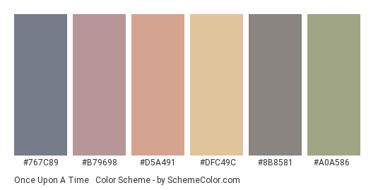 Once Upon a Time #2 - Color scheme palette thumbnail - #767c89 #b79698 #d5a491 #dfc49c #8b8581 #a0a586 
