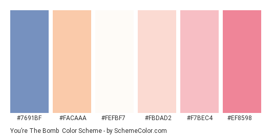 You’re the Bomb - Color scheme palette thumbnail - #7691BF #FACAAA #FEFBF7 #FBDAD2 #F7BEC4 #EF8598 