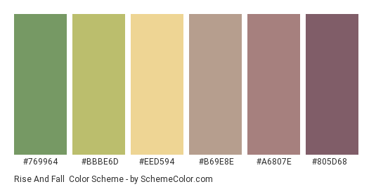 Rise and Fall - Color scheme palette thumbnail - #769964 #bbbe6d #eed594 #b69e8e #a6807e #805d68 
