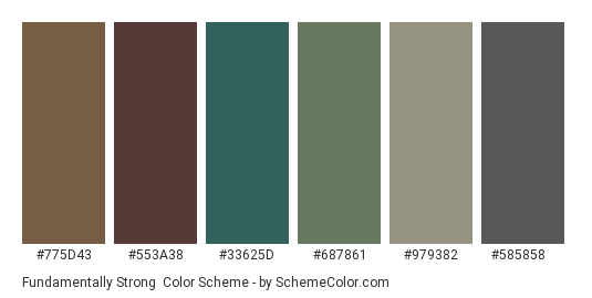 Fundamentally Strong - Color scheme palette thumbnail - #775d43 #553a38 #33625d #687861 #979382 #585858 