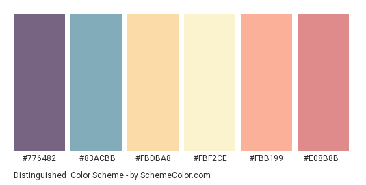 Distinguished - Color scheme palette thumbnail - #776482 #83ACBB #FBDBA8 #FBF2CE #FBB199 #E08B8B 
