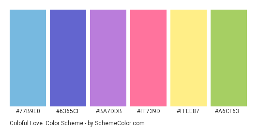 Coloful Love - Color scheme palette thumbnail - #77B9E0 #6365CF #BA7DDB #FF739D #FFEE87 #A6CF63 