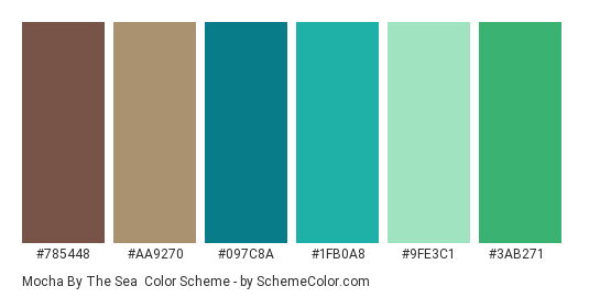 Mocha by the Sea - Color scheme palette thumbnail - #785448 #aa9270 #097c8a #1fb0a8 #9fe3c1 #3ab271 