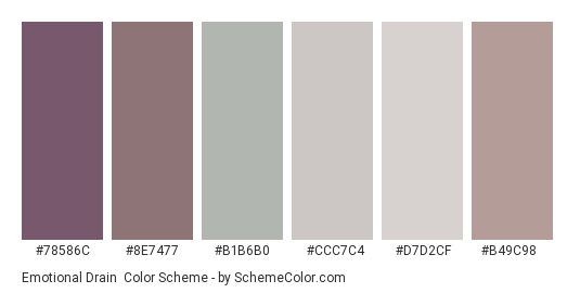 Emotional Drain - Color scheme palette thumbnail - #78586c #8e7477 #b1b6b0 #ccc7c4 #d7d2cf #b49c98 