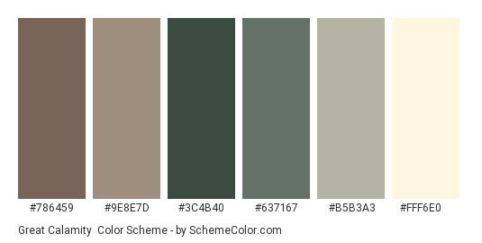 Great Calamity - Color scheme palette thumbnail - #786459 #9E8E7D #3C4B40 #637167 #B5B3A3 #FFF6E0 