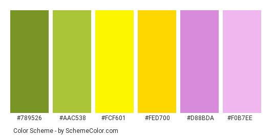 Pink Flowers in Spring - Color scheme palette thumbnail - #789526 #aac538 #fcf601 #fed700 #d88bda #f0b7ee 