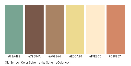 Old School - Color scheme palette thumbnail - #78A492 #79584A #A98364 #EDDA90 #FFEBCC #D38867 