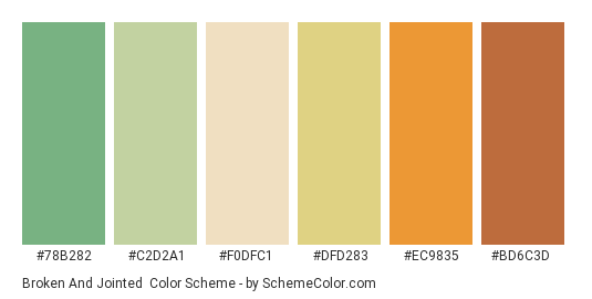 Broken and Jointed - Color scheme palette thumbnail - #78b282 #c2d2a1 #f0dfc1 #dfd283 #ec9835 #bd6c3d 