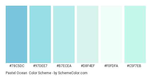 Pastel Ocean - Color scheme palette thumbnail - #78c5dc #97dee7 #b7ecea #d8f4ef #f0fdfa #c5f7eb 