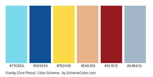 Franky (One Piece) - Color scheme palette thumbnail - #79D8EA #0D5094 #FBD949 #E6B388 #961B1E #A4B6C6 
