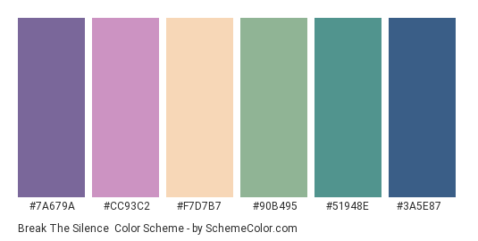 Break the Silence - Color scheme palette thumbnail - #7A679A #CC93C2 #F7D7B7 #90B495 #51948E #3A5E87 