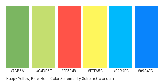 Happy Yellow, Blue, Red & Green - Color scheme palette thumbnail - #7BB661 #C4DE6F #FF5348 #FEF65C #00B9FC #0984FC 