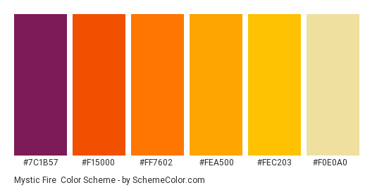 Mystic Fire - Color scheme palette thumbnail - #7C1B57 #F15000 #FF7602 #FEA500 #FEC203 #F0E0A0 
