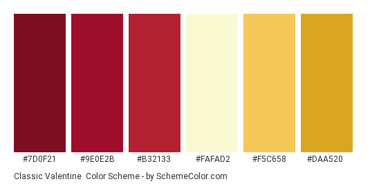 Classic Valentine - Color scheme palette thumbnail - #7D0F21 #9E0E2B #B32133 #FAFAD2 #F5C658 #DAA520 