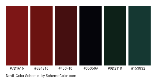Devil - Color scheme palette thumbnail - #7D1616 #6B1310 #450F10 #05050A #0D2118 #153832 