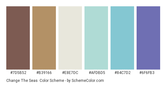Change the Seas - Color scheme palette thumbnail - #7D5B52 #B39166 #E8E7DC #AFDBD5 #84C7D2 #6F6FB3 