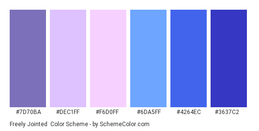 Freely Jointed - Color scheme palette thumbnail - #7D70BA #DEC1FF #F6D0FF #6DA5FF #4264EC #3637C2 