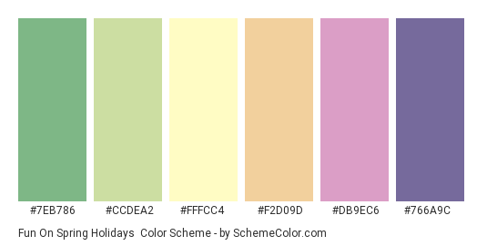 Fun on Spring Holidays - Color scheme palette thumbnail - #7EB786 #CCDEA2 #FFFCC4 #F2D09D #DB9EC6 #766A9C 