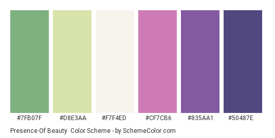 Presence of Beauty - Color scheme palette thumbnail - #7FB07F #D8E3AA #F7F4ED #CF7CB6 #835AA1 #50487E 