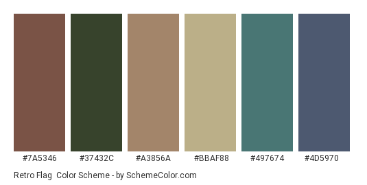 Retro Flag - Color scheme palette thumbnail - #7a5346 #37432c #a3856a #bbaf88 #497674 #4d5970 