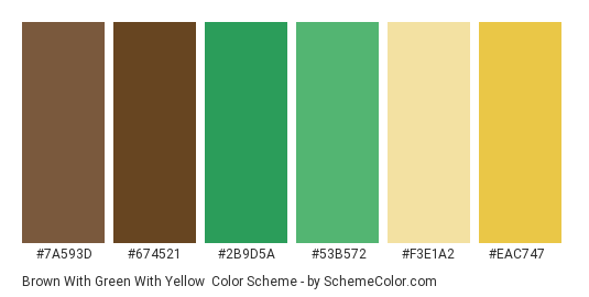 Brown with Green with Yellow - Color scheme palette thumbnail - #7a593d #674521 #2b9d5a #53b572 #f3e1a2 #eac747 