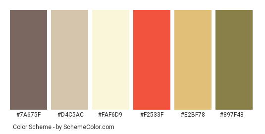 Pumpkins and Pumpkins - Color scheme palette thumbnail - #7a675f #d4c5ac #faf6d9 #f2533f #e2bf78 #897f48 