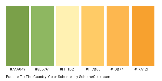 Escape to the Country - Color scheme palette thumbnail - #7aa049 #8eb761 #fff1b2 #ffcb66 #fdb74f #f7a12f 