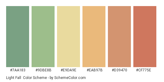 Light Fall - Color scheme palette thumbnail - #7aa183 #9dbe8b #e9da9e #eab97b #d39470 #cf775e 