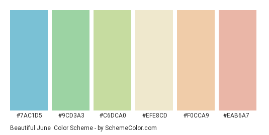 Beautiful June - Color scheme palette thumbnail - #7ac1d5 #9cd3a3 #c6dca0 #efe8cd #f0cca9 #eab6a7 