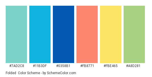 Folded - Color scheme palette thumbnail - #7ad2c8 #11b3df #0358b1 #fb8771 #fbe465 #a8d281 